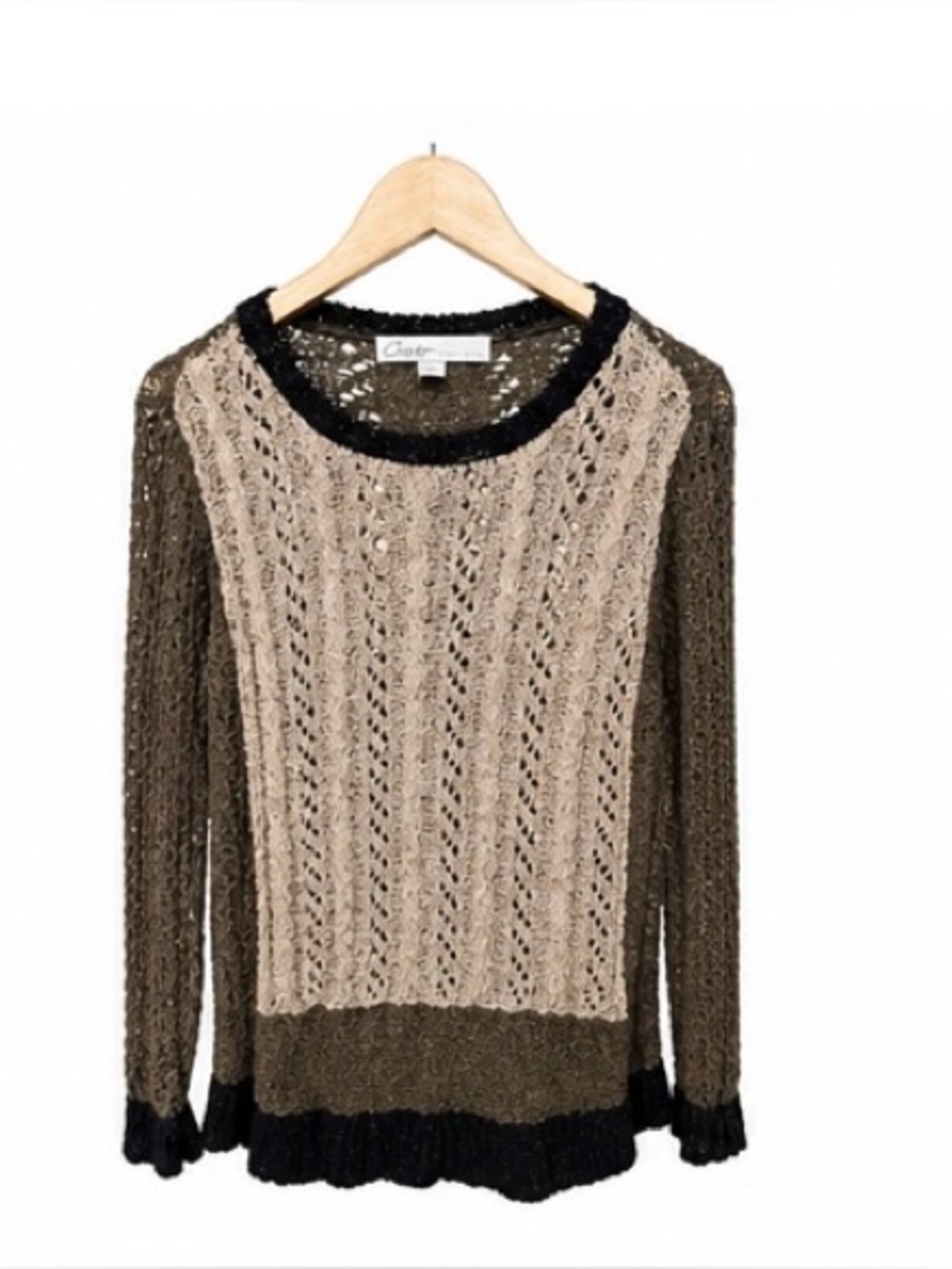 Curio New York Open Knit Sweater L Brown Cream Boho Lightweight #A1-0008